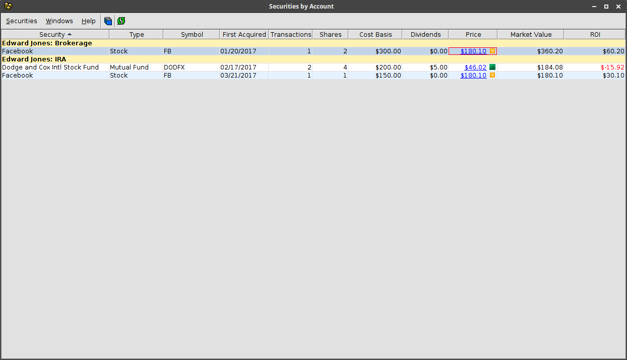 Account Securities Window